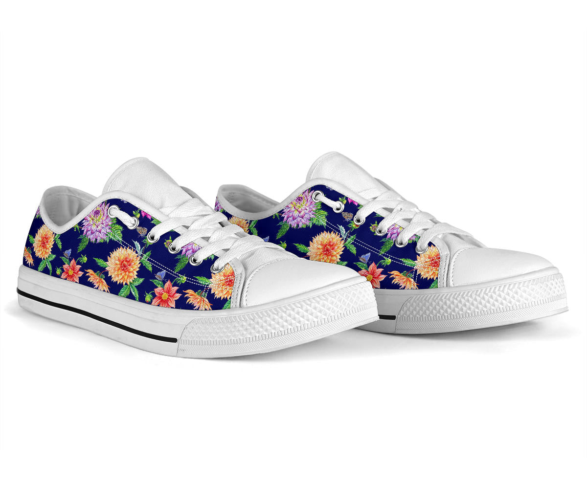 Dahlia Pattern Print Design DH010 White Bottom Low Top Shoes