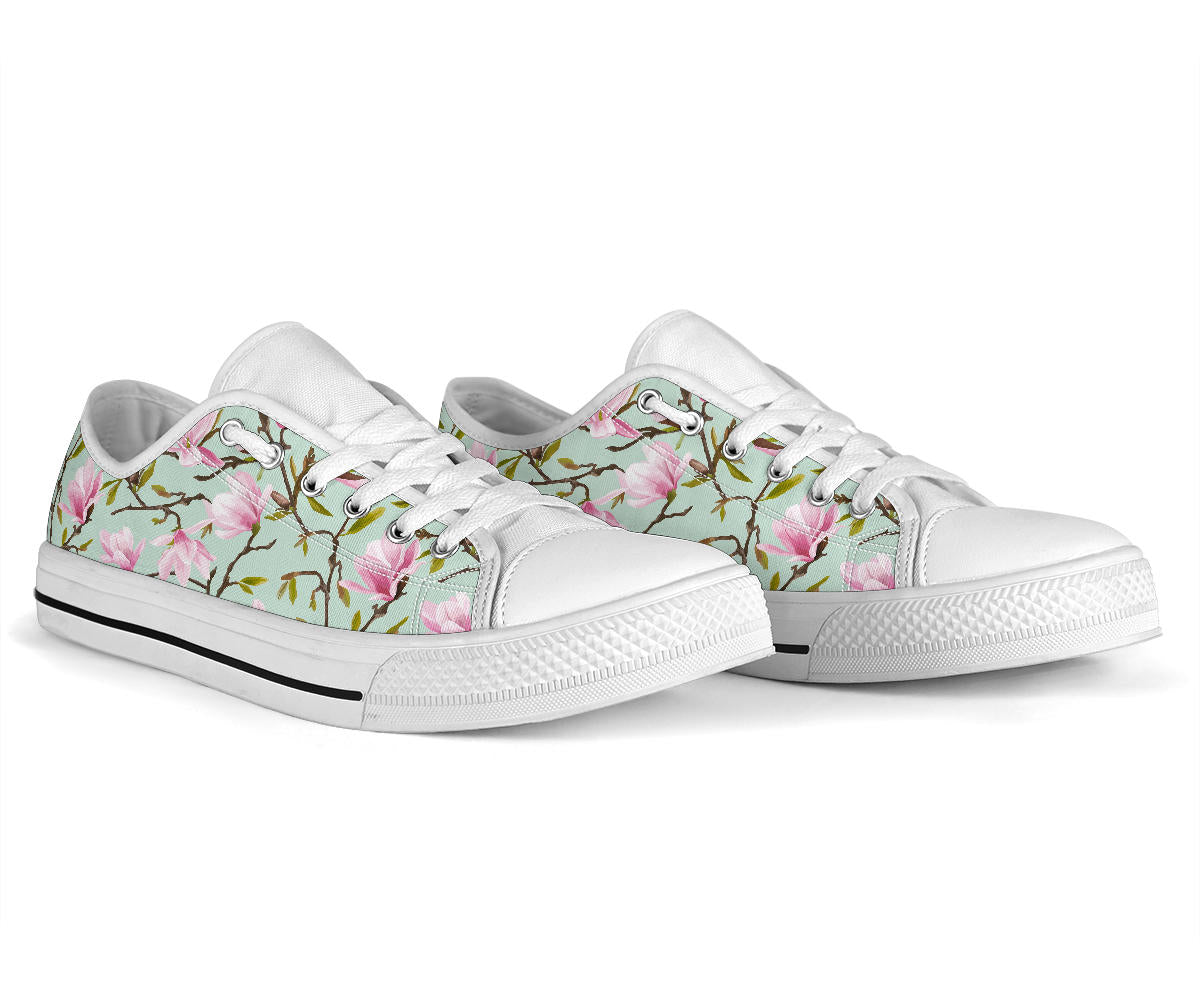 Magnolia Pattern Print Design MAG04 White Bottom Low Top Shoes