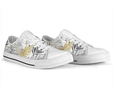 Gold Glitter Tropical Palm Leaves White Bottom Low Top Shoes