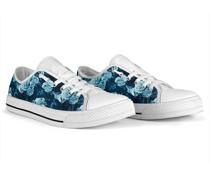 Rose Blue Pattern Print Design RO014 White Bottom Low Top Shoes