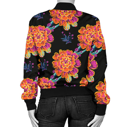 Marigold Pattern Print Design MR04 Women Bomber Jacket