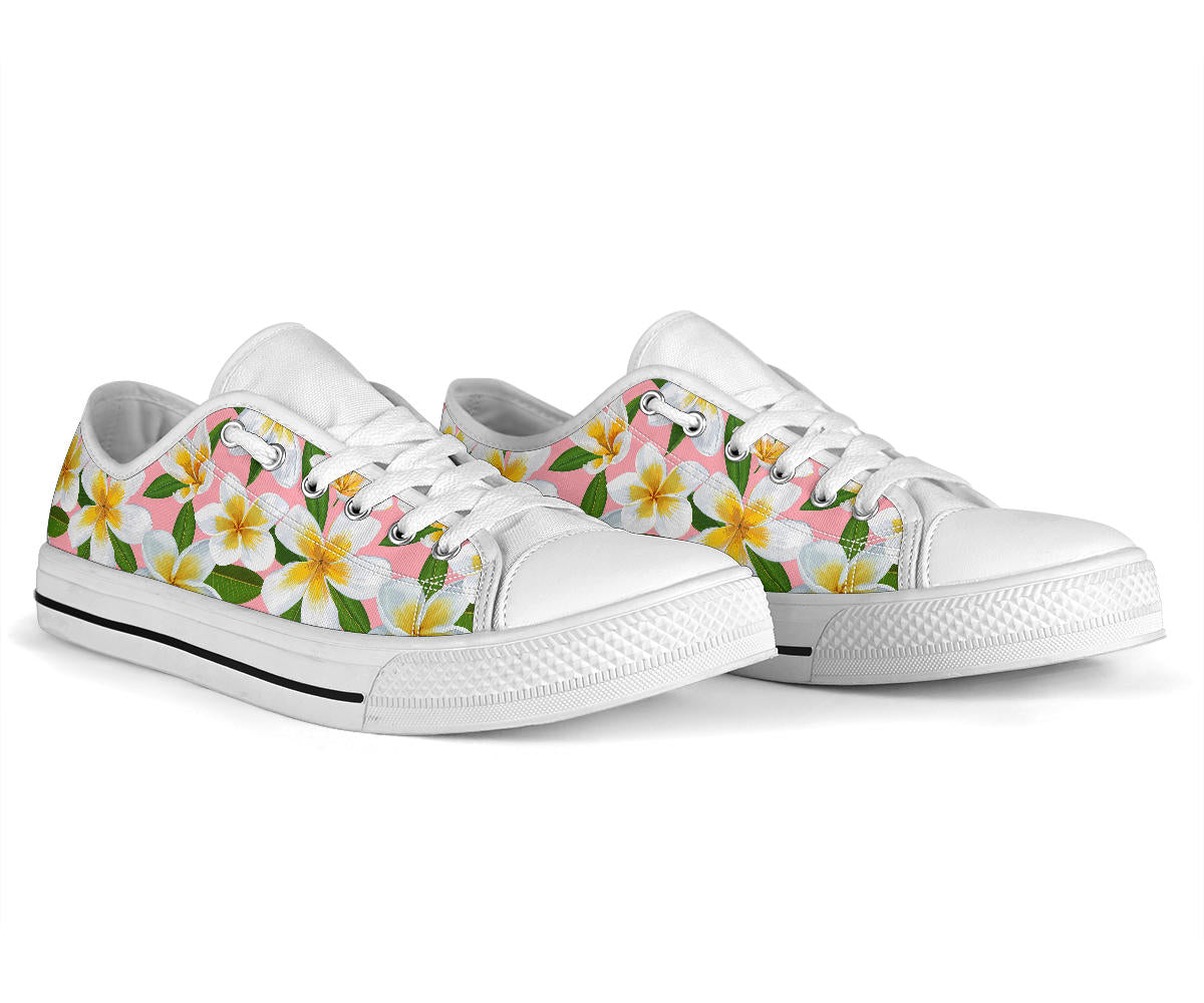 White Plumeria Pattern Print Design PM011 White Bottom Low Top Shoes