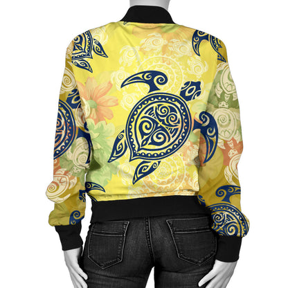 Hawaiian Turtle Tribal Design Print Women Bomber Jacket