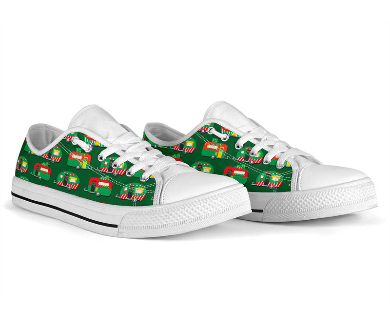 Camper Camping Christmas Themed Print White Bottom Low Top Shoes