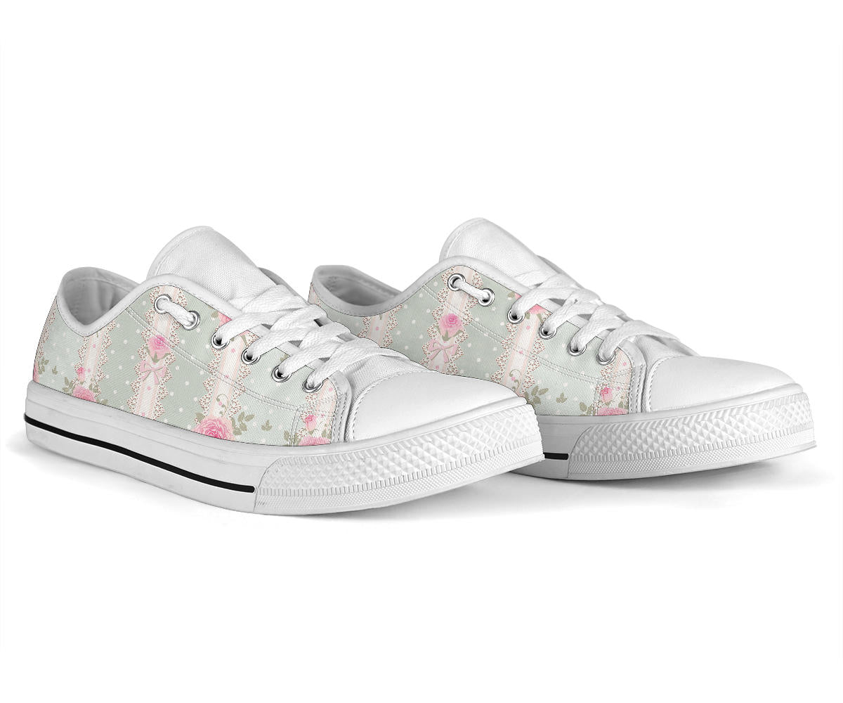 Rose Pattern Print Design RO016 White Bottom Low Top Shoes