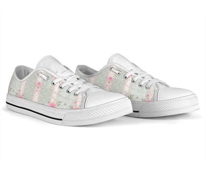 Rose Pattern Print Design RO016 White Bottom Low Top Shoes