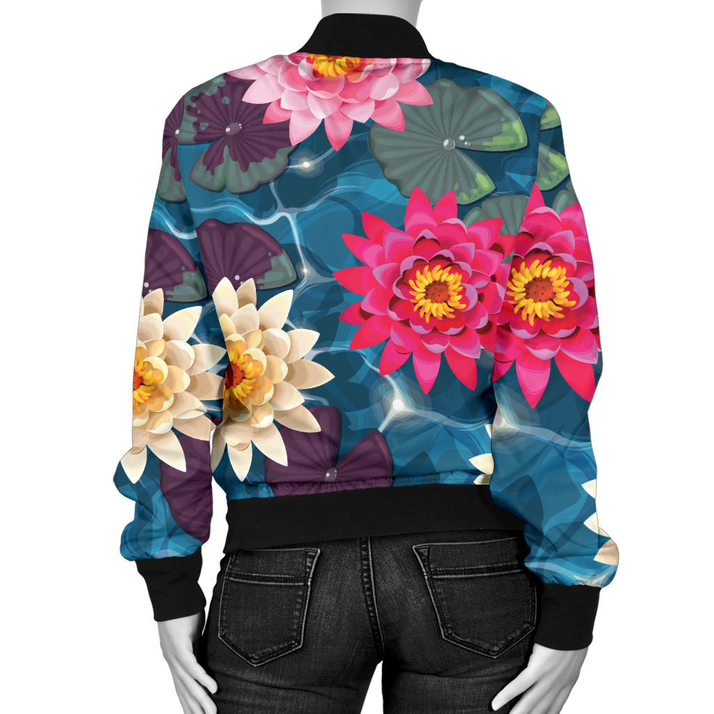 Water Lily Pattern Print Design WL05 Women Bomber Jacket