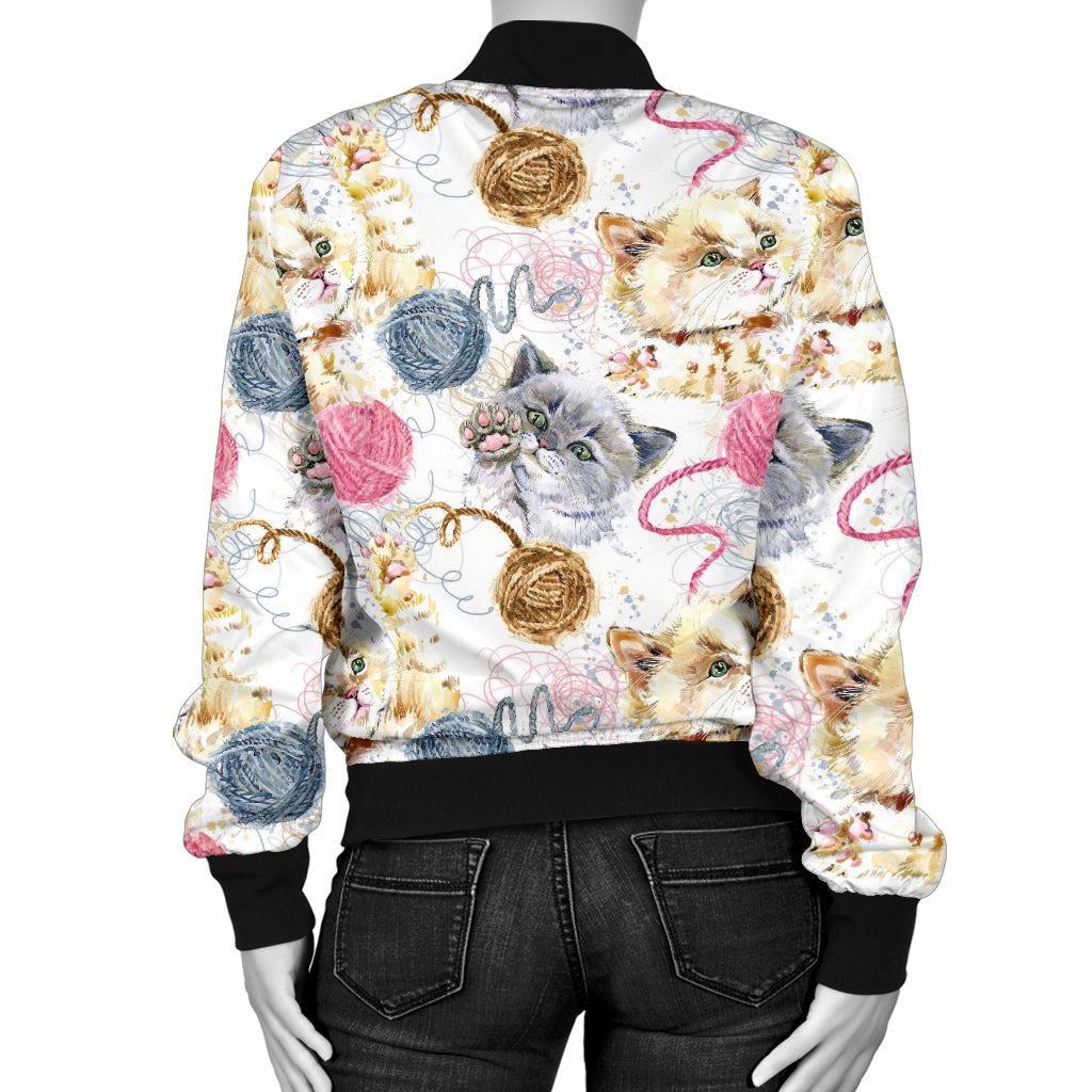 Cat Playing Yarn Pattern Print Design 07 Women's Bomber Jacket