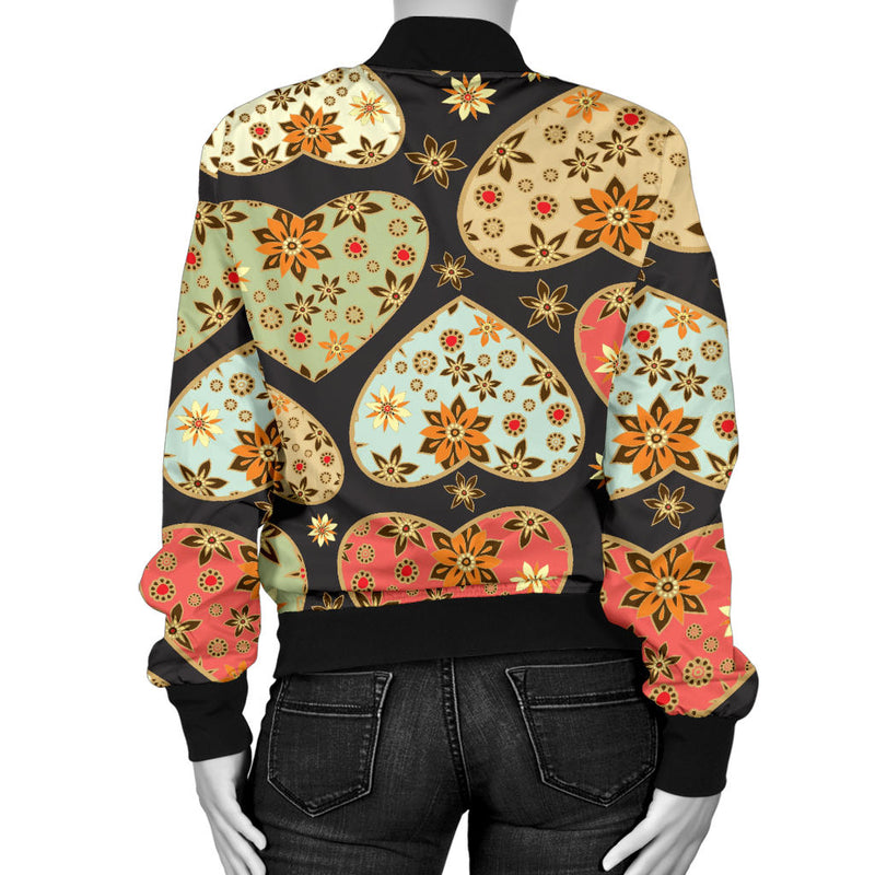 Heart Boho Pattern Print Design HE04 Women Bomber Jacket