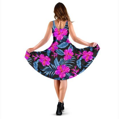 Neon Pink Hibiscus Pattern Print Design HB015 Midi Dress