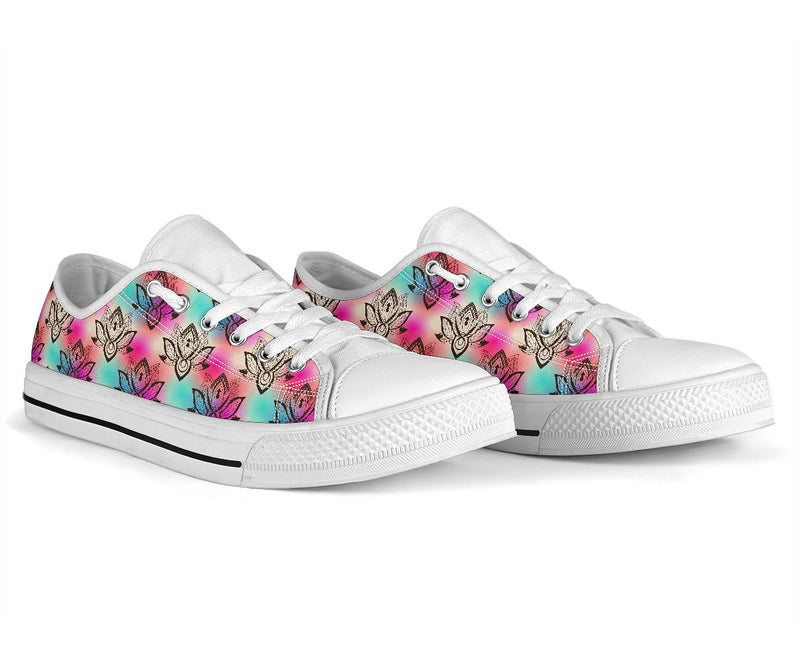 lotus Boho Pattern Print Design LO02 White Bottom Low Top Shoes