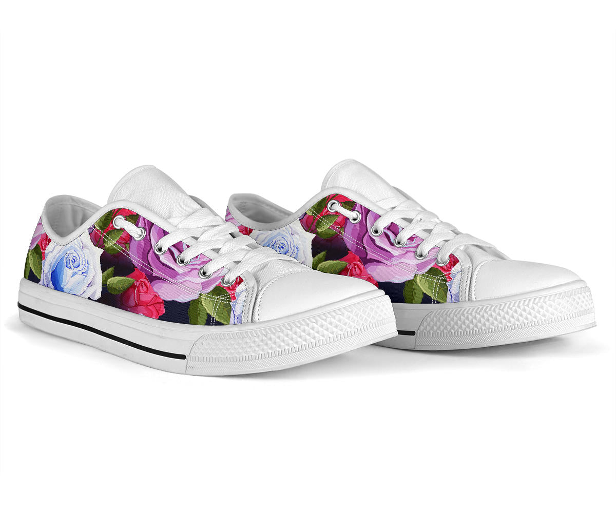Rose Pattern Print Design RO09 White Bottom Low Top Shoes