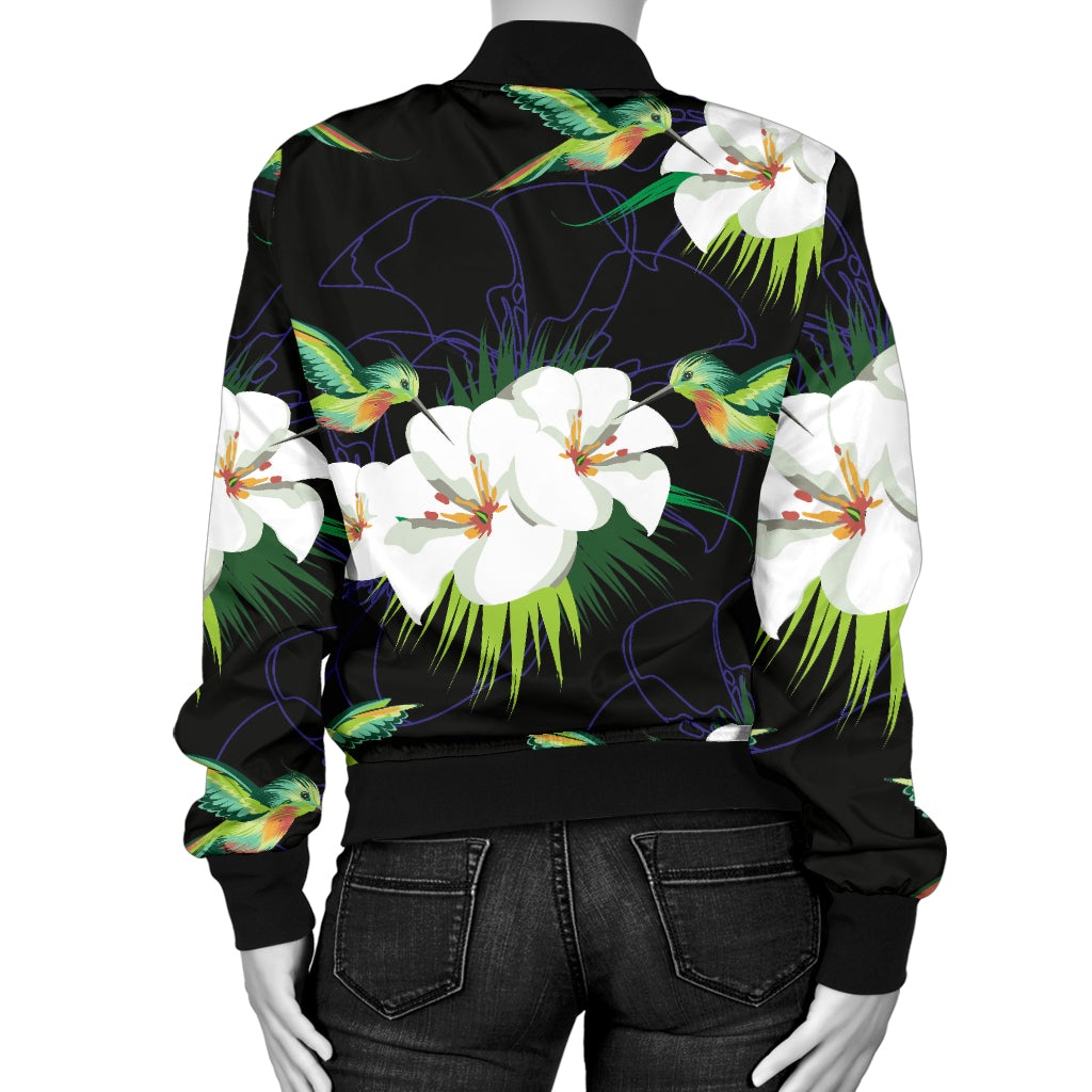 Hummingbird with Flower Pattern Print Design 03 Women's Bomber Jacket