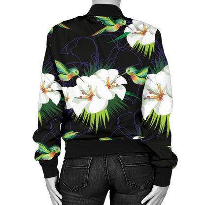 Hummingbird with Flower Pattern Print Design 03 Women's Bomber Jacket