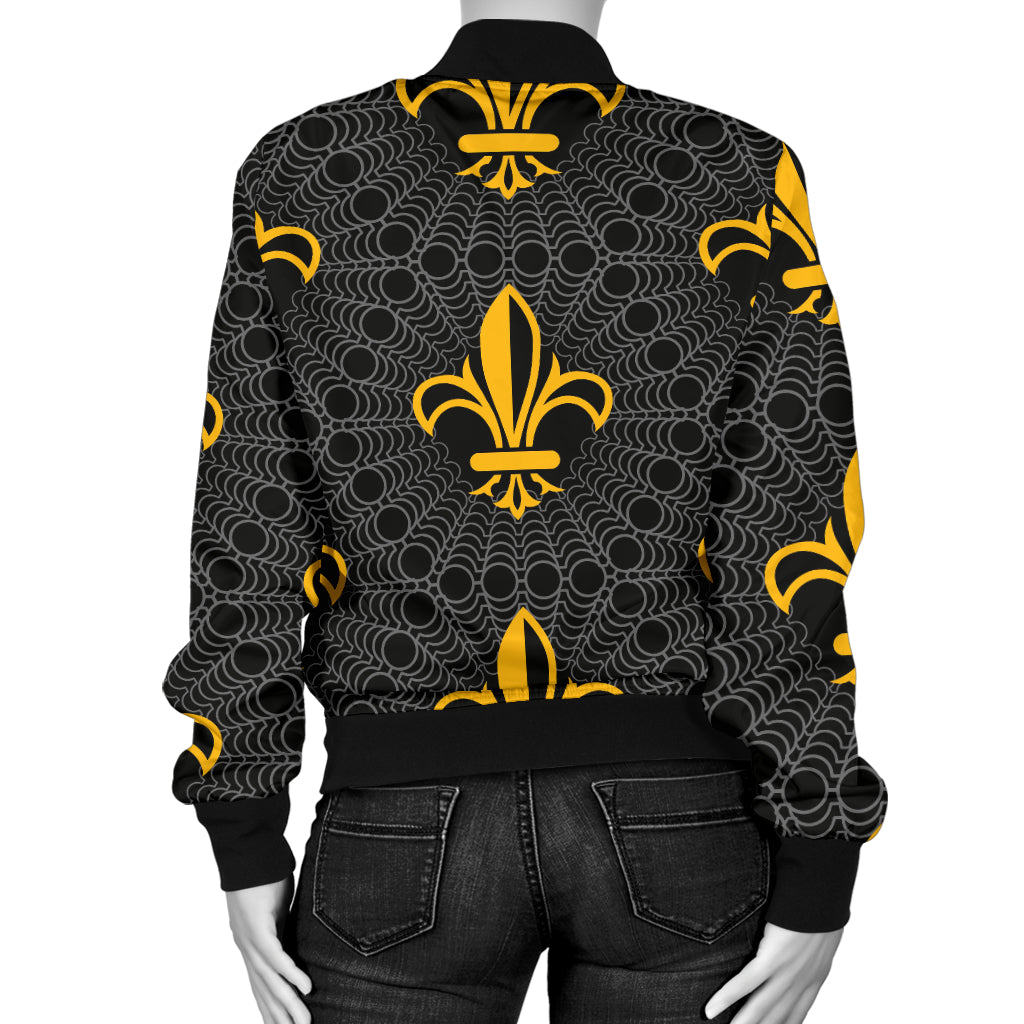 Fleur De Lis Gold Pattern Print Design 01 Women's Bomber Jacket