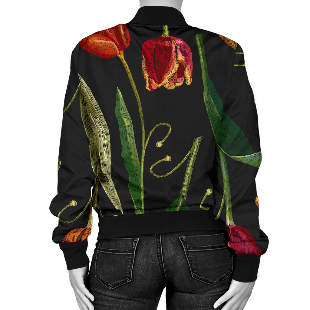 Tulip Embroidered Pattern Print Design TP01 Women Bomber Jacket