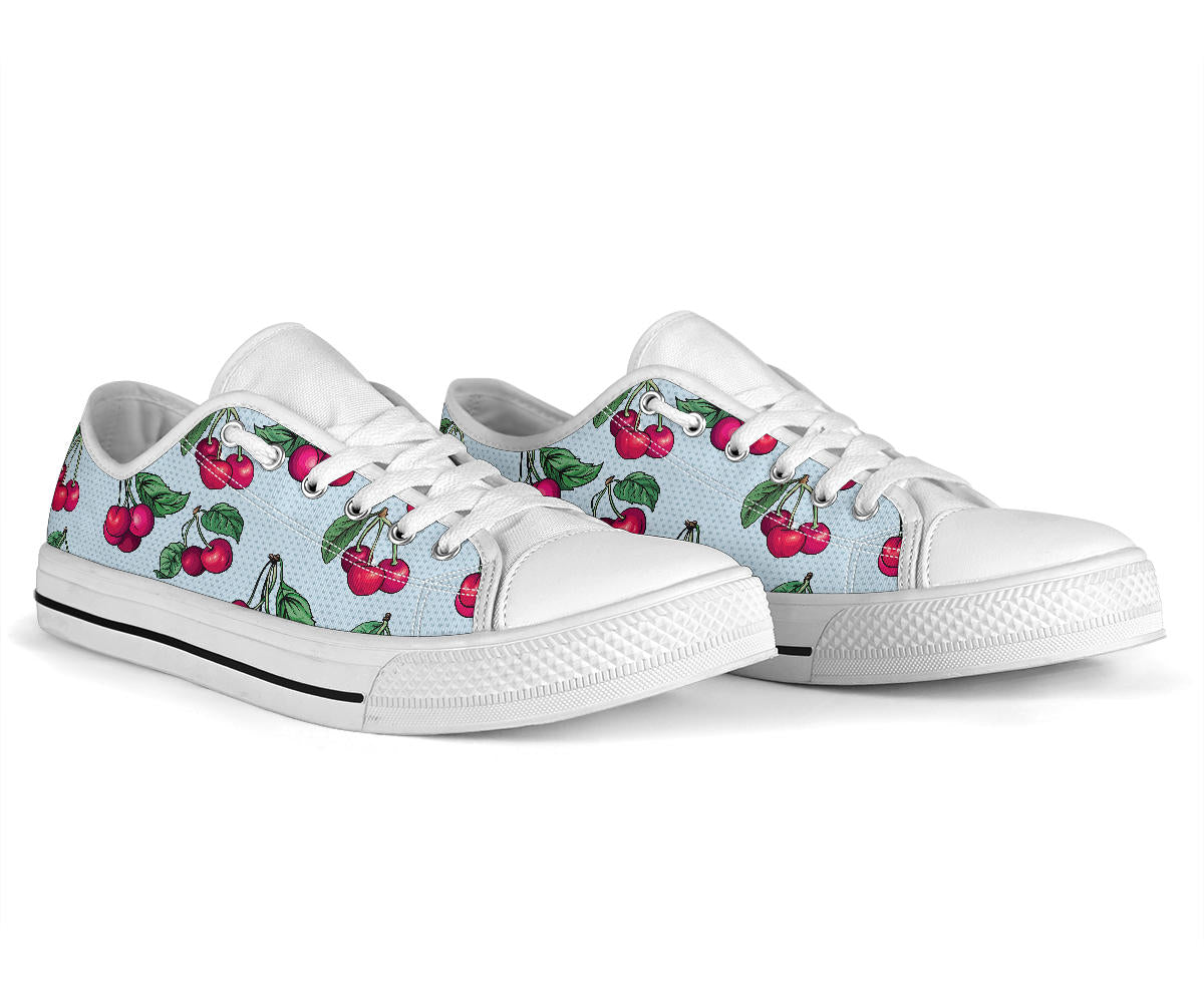 Cherry Pattern Print Design CH01 White Bottom Low Top Shoes