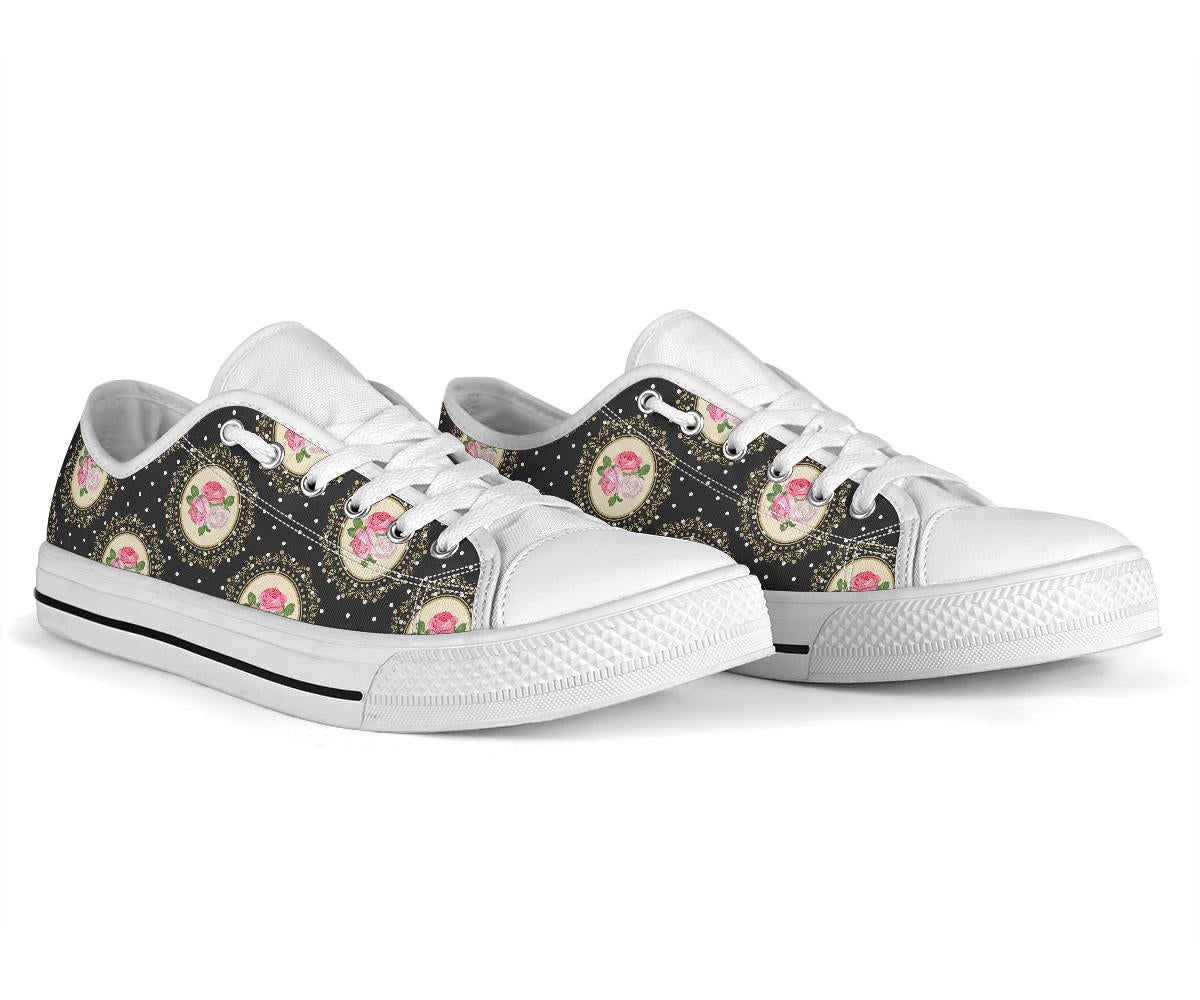 Rose Pattern Print Design RO015 White Bottom Low Top Shoes