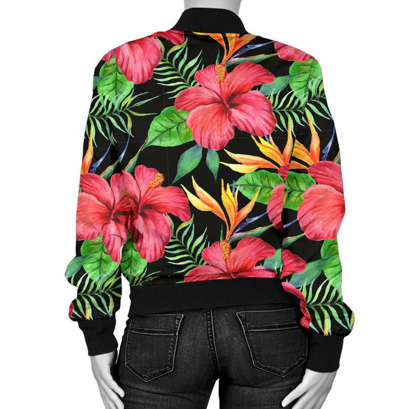 Red Hibiscus Pattern Print Design HB07 Women Bomber Jacket