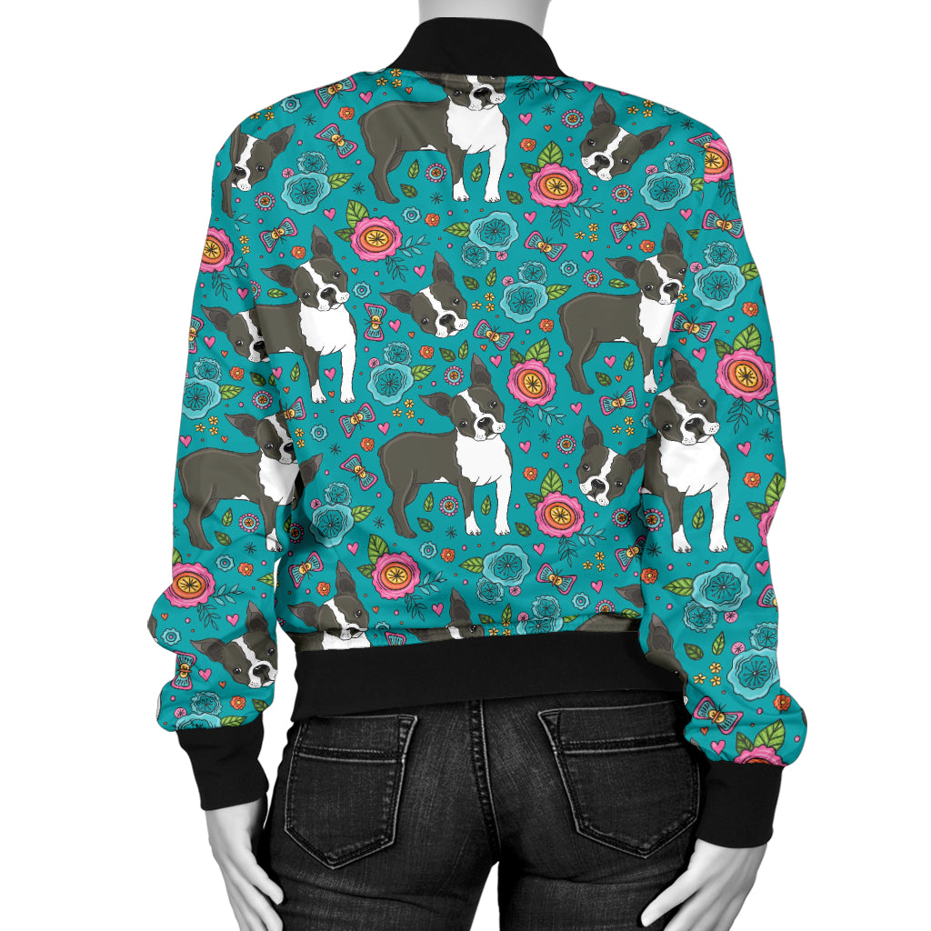 Boston Terrier Pattern Print Design 07 Women's Bomber Jacket