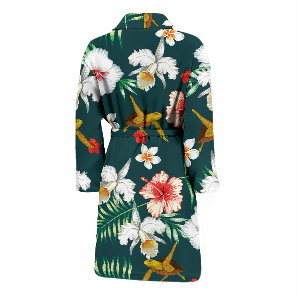 Hawaiian Flower Design With SeaTurtle Print Men Bathrobe