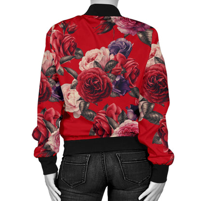 Rose Red Pattern Print Design RO07 Women Bomber Jacket