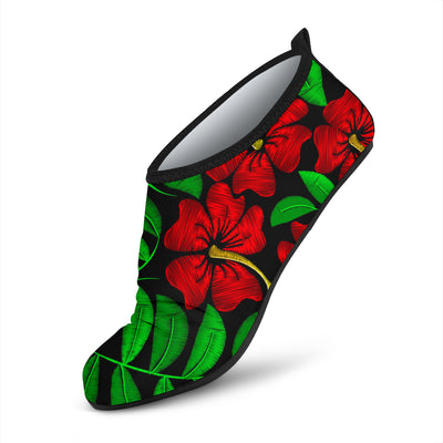 Red Hibiscus Embroidered Pattern Print Design HB032 Aqua Water Shoes