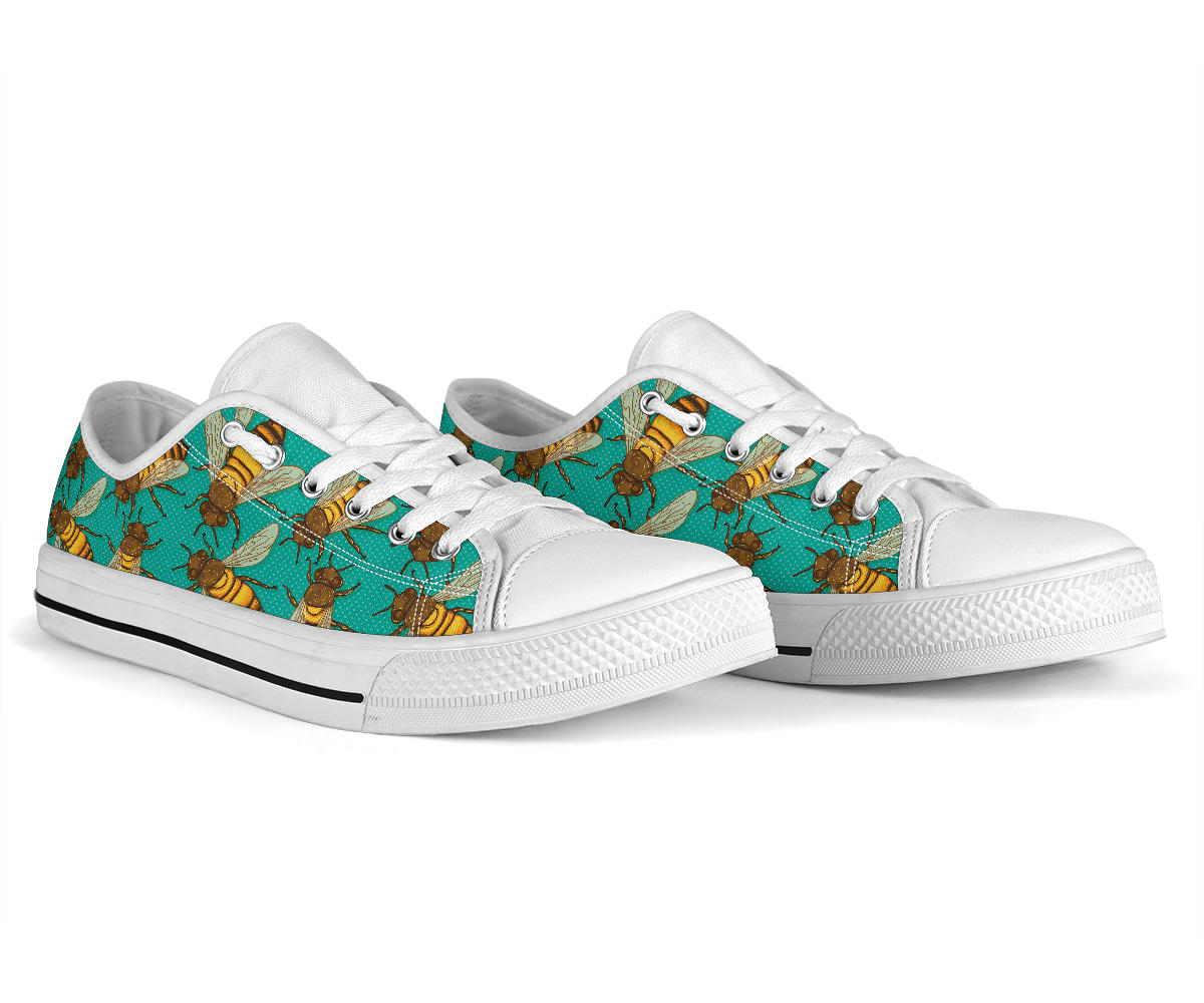 Bee Pattern Print Design BEE04 White Bottom Low Top Shoes