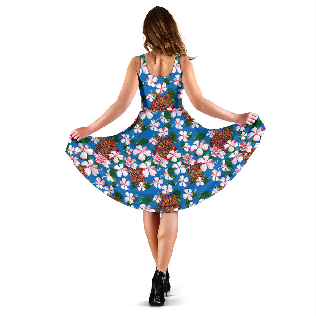 Sea Turtle Pink Hibiscus Hawaiian Print Midi Dress