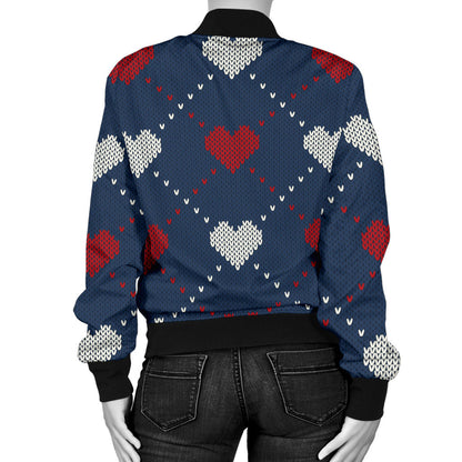 Heart Knit Pattern Print Design HE05 Women Bomber Jacket