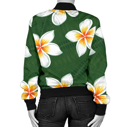 White Plumeria Pattern Print Design PM020 Women Bomber Jacket