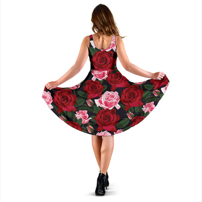 Rose Red Pink Pattern Print Design RO01 Midi Dress