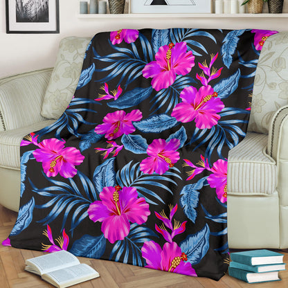 Neon Pink Hibiscus Pattern Print Design HB015 Fleece Blanket