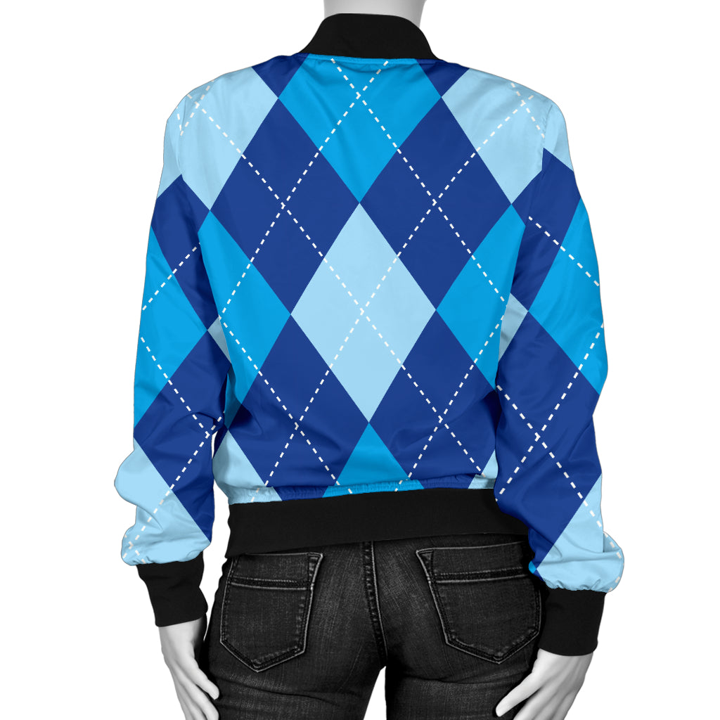 Argyle Blue Pattern Print Design 02 Women's Bomber Jacket