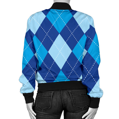 Argyle Blue Pattern Print Design 02 Women's Bomber Jacket