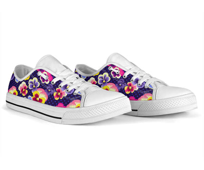 Pansy Pattern Print Design PS04 White Bottom Low Top Shoes