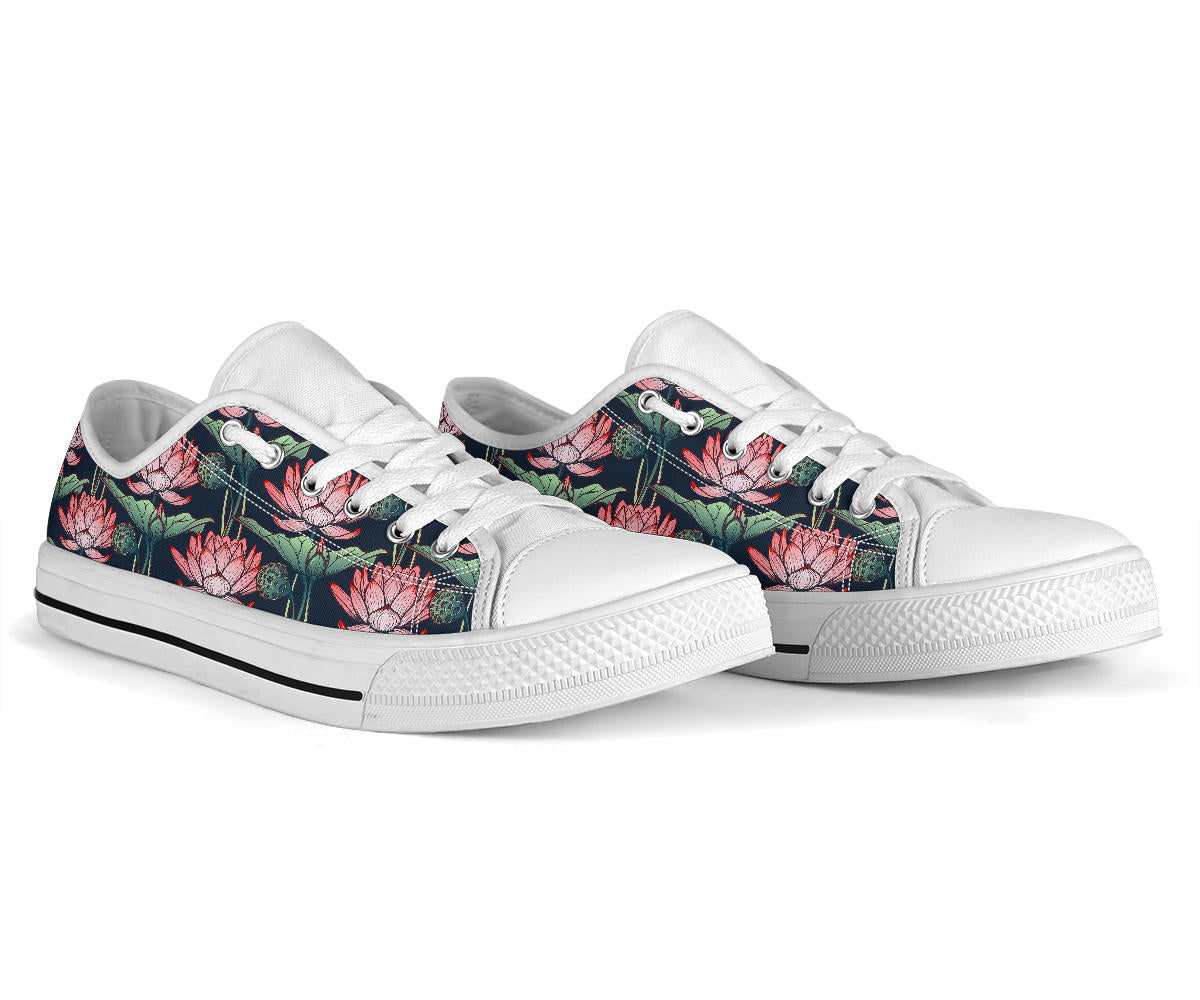 Water Lily Pattern Print Design WL03 White Bottom Low Top Shoes