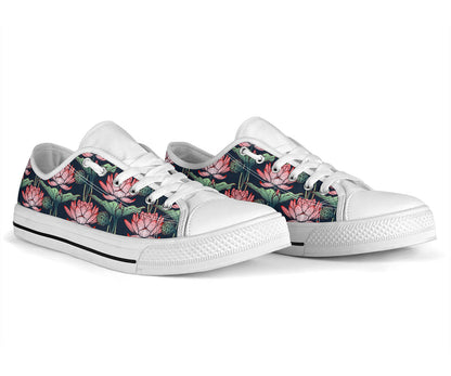 Water Lily Pattern Print Design WL03 White Bottom Low Top Shoes