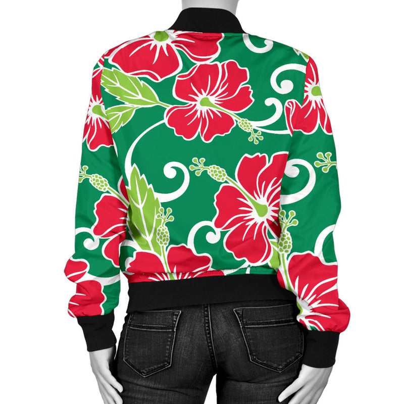 Red Hibiscus Pattern Print Design HB019 Women Bomber Jacket