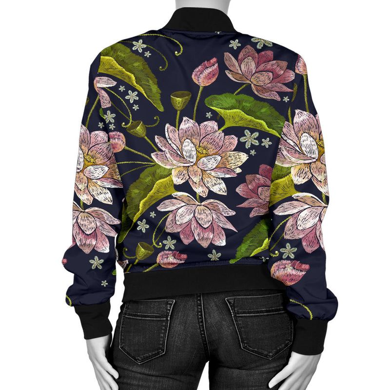 lotus Embroidered Pattern Print Design LO06 Women Bomber Jacket