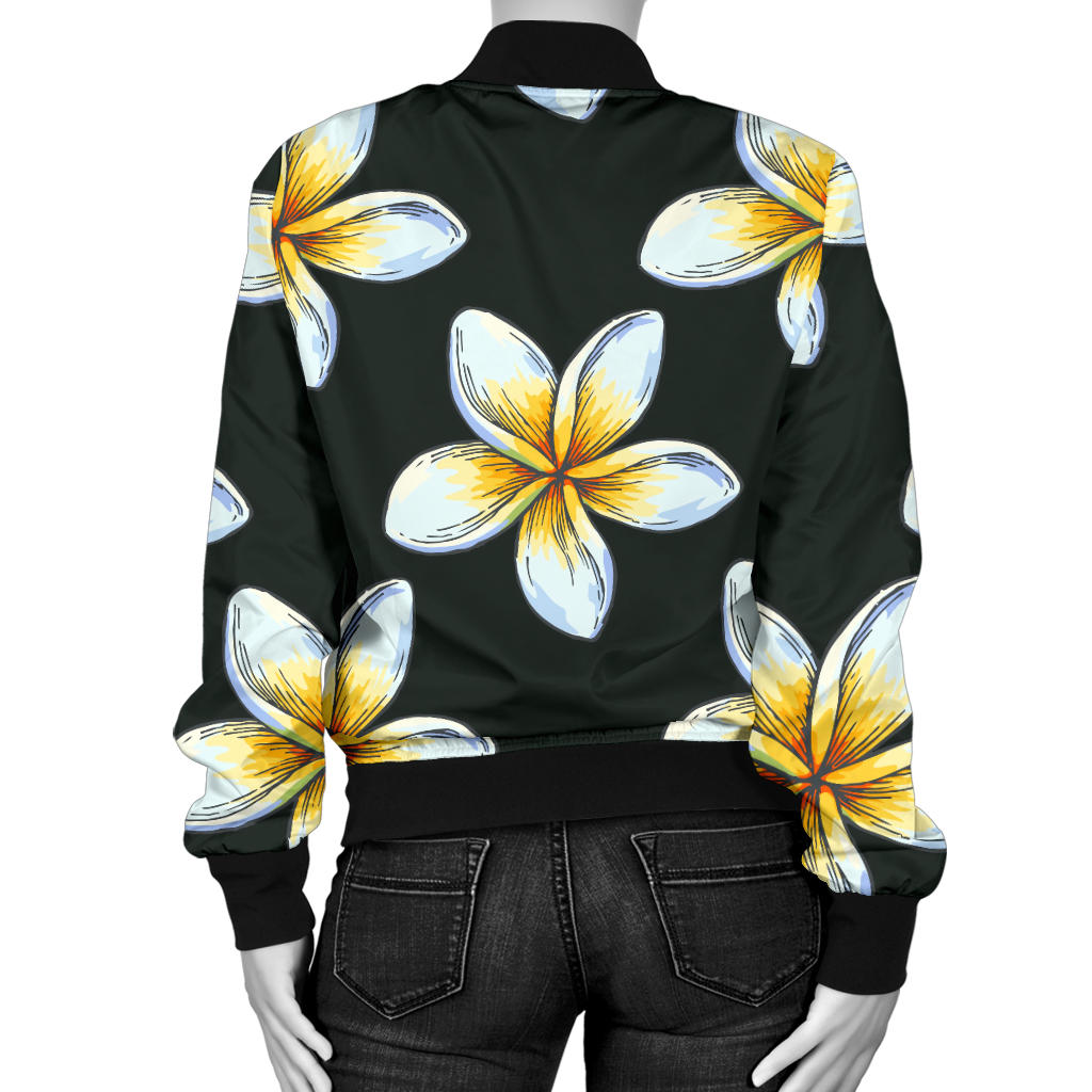 White Plumeria Pattern Print Design PM022 Women Bomber Jacket