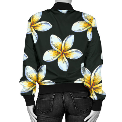 White Plumeria Pattern Print Design PM022 Women Bomber Jacket