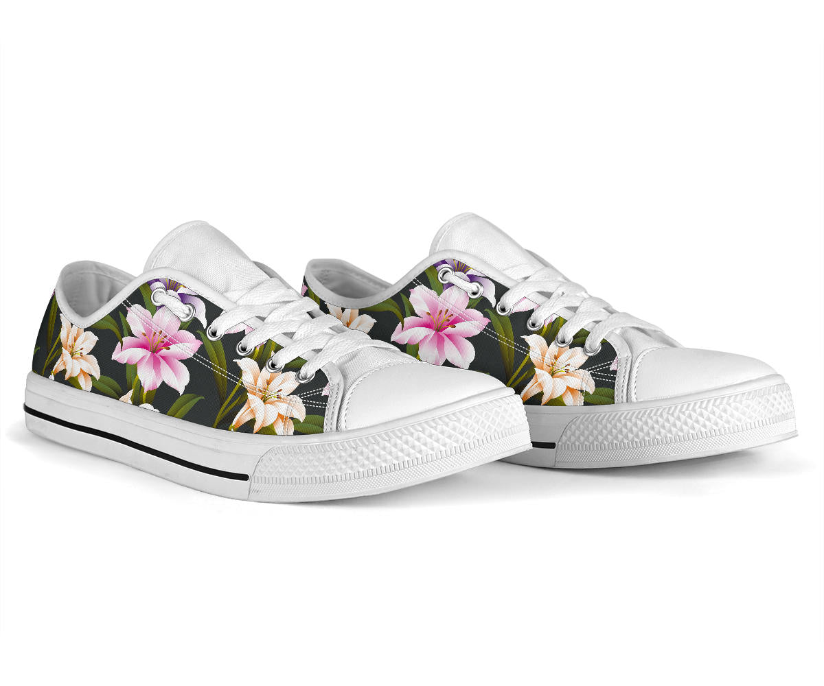 Lily Pattern Print Design LY01 White Bottom Low Top Shoes
