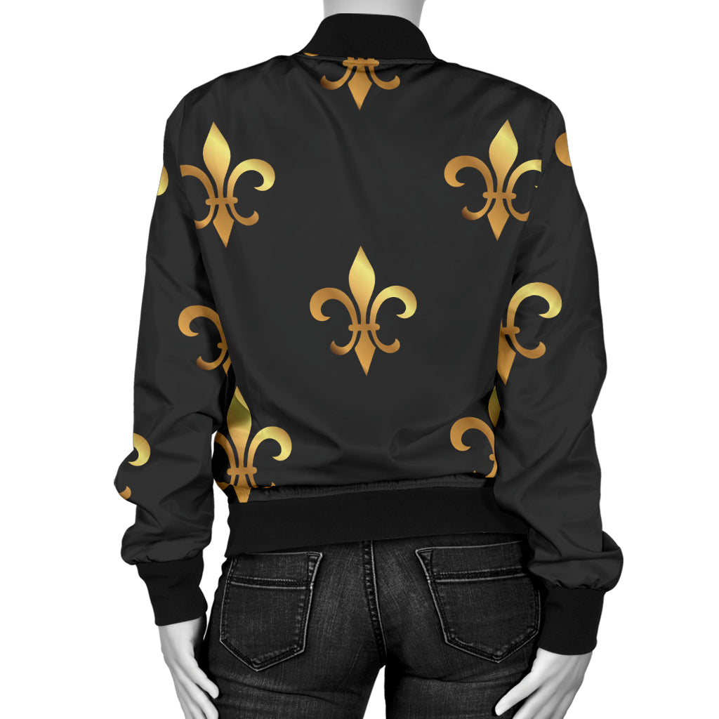Fleur De Lis Gold Pattern Print Design 03 Women's Bomber Jacket
