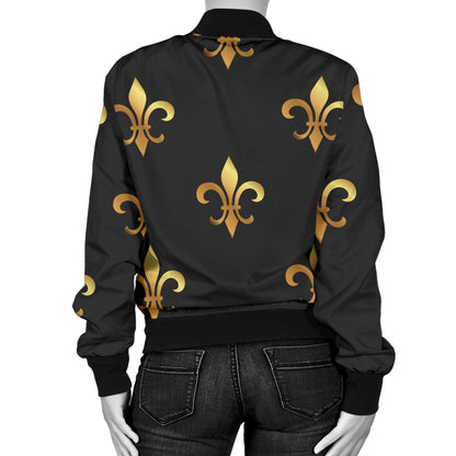 Fleur De Lis Gold Pattern Print Design 03 Women's Bomber Jacket