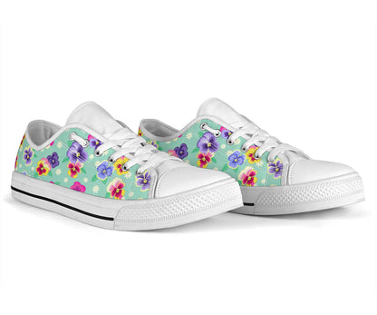 Pansy Pattern Print Design PS08 White Bottom Low Top Shoes