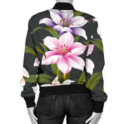 Lily Pattern Print Design LY01 Women Bomber Jacket