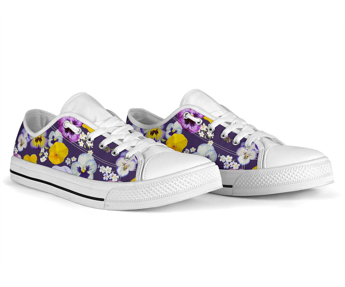 Pansy Pattern Print Design PS02 White Bottom Low Top Shoes