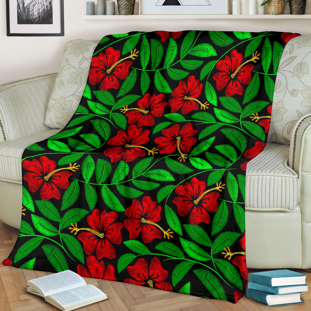 Red Hibiscus Embroidered Pattern Print Design HB032 Fleece Blanket