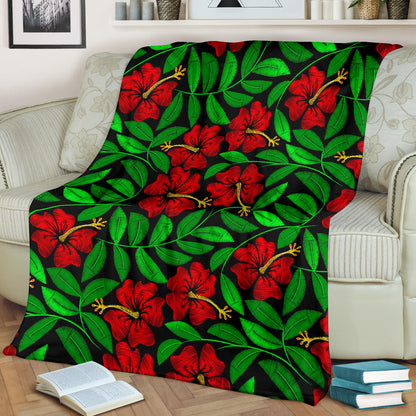 Red Hibiscus Embroidered Pattern Print Design HB032 Fleece Blanket